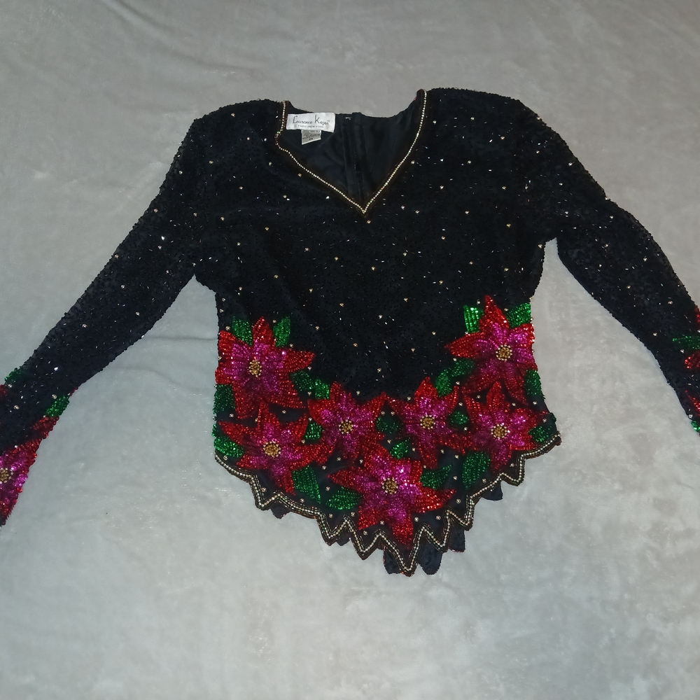 Vintage Laurence Kazar Black Sequin Top with Red and Green Accents